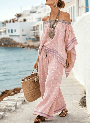 Bohemian Style Off-the-shoulder Batwing Sleeve Top  Wide-leg Pants Vacation Two-piece Set