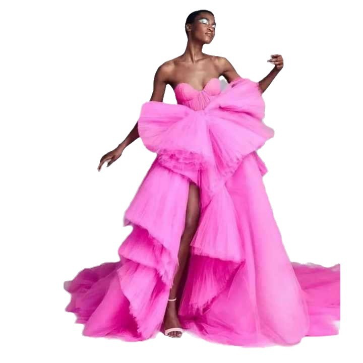 Tube Top Three-dimensional Mesh Trailing High Slit Evening Dress