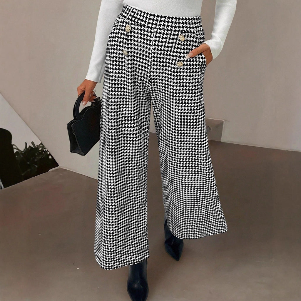 Elegant Houndstooth Wide-leg Cropped Pants