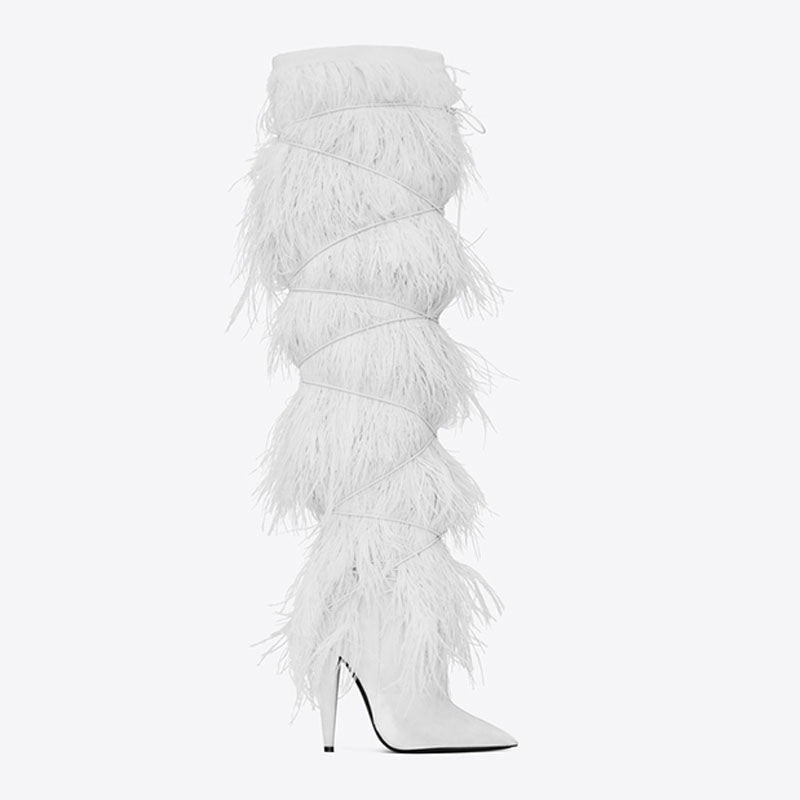 Black Feather-Trim Runway Statement Boots