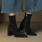 Stretch Suede High Heel Boots - Side Zipper Thick Heel Ankle Boots