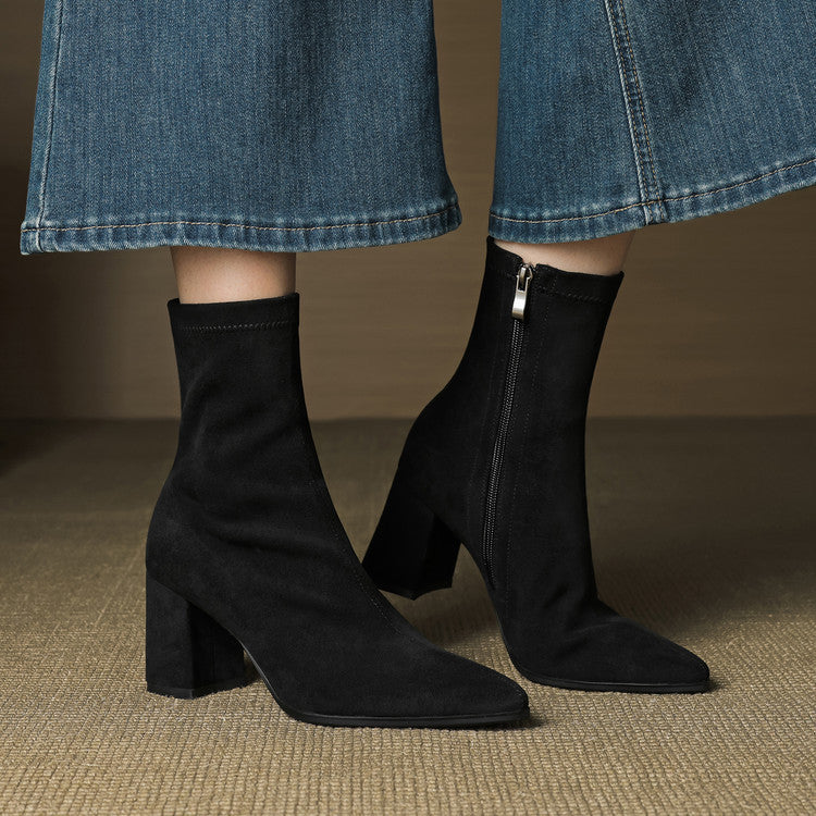 Stretch Suede High Heel Boots - Side Zipper Thick Heel Ankle Boots