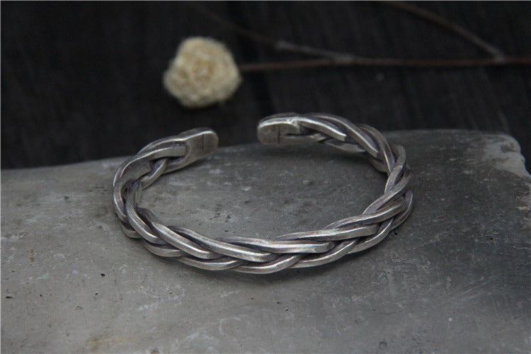 Sterling Silver S925 Vintage Woven Hemp Rope Bracelet Male