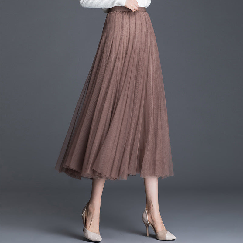 Womens Mid-Waist Pleated Flowy Mesh Lace Skirt