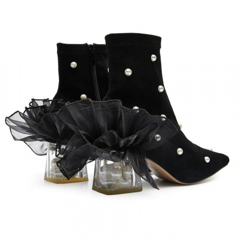Fashion Lace Pearl Female Pointed Thick Heel Black Short Boots