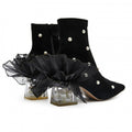 Fashion Lace Pearl Female Pointed Thick Heel Black Short Boots