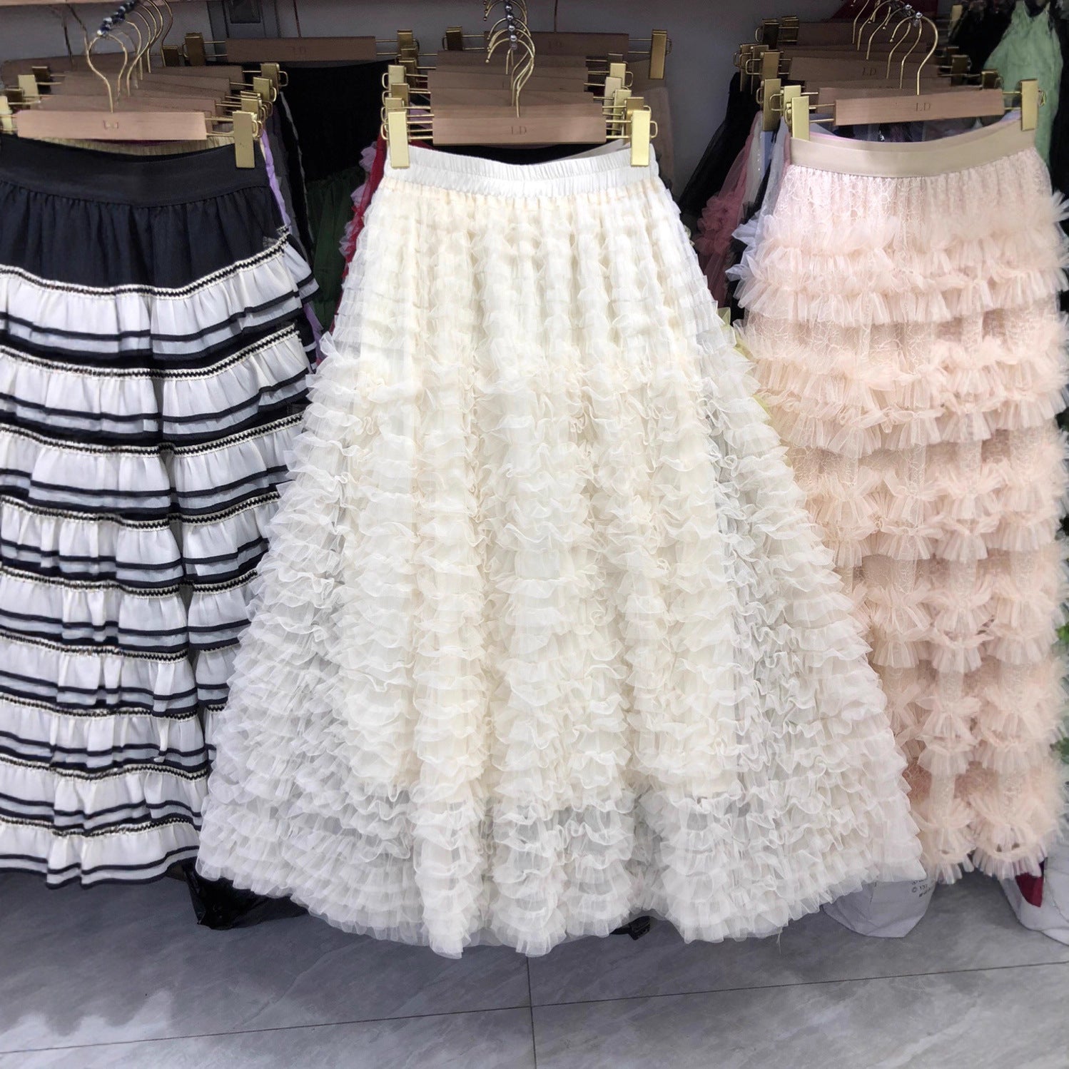 New Colorful Sweet Age-reducing Pleated Solid-color Mesh Midi Puff Skirt