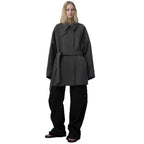 Elegant loose-fitting belted mid-length stand collar coat