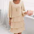 Women's Long Sleeve Crew Neck Tiered Layered Midi Dress , Asymmetrical Hem A-Line Short Elegant Party Dress