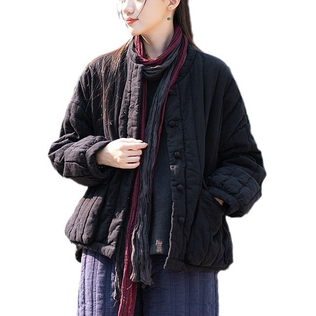 Womens Retro Colorblock Button-Loop Loose Short Cotton Padded Jacket