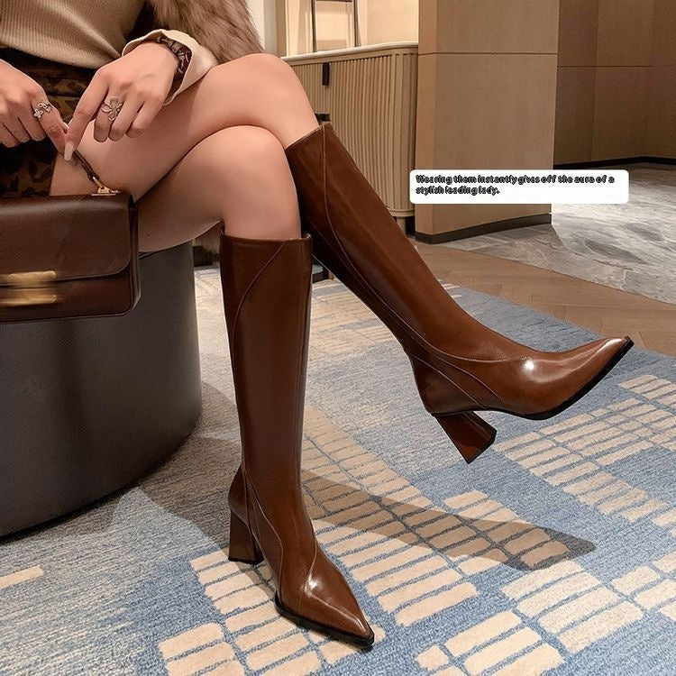 Retro Maillard Tube High Heel Riding Boots