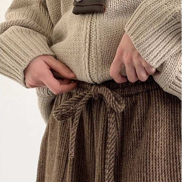 Womens Retro Corduroy Coffee-Colored Wide-Leg Pants