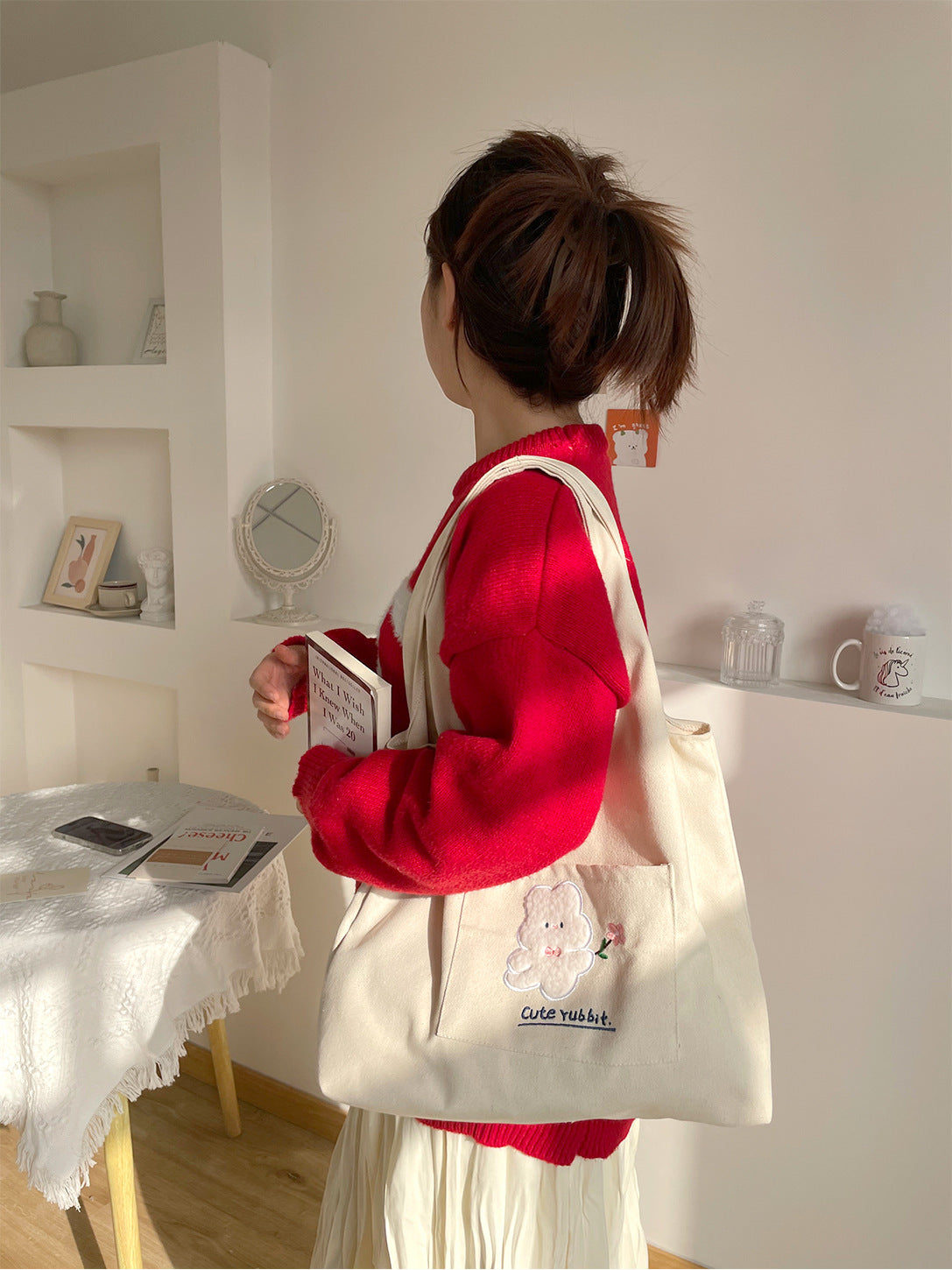 Embroidered Canvas Large Capacity Shopping Bag