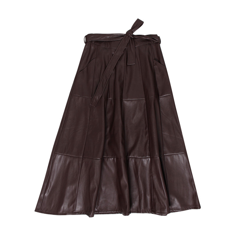 High waist long A-line PU leather skirt