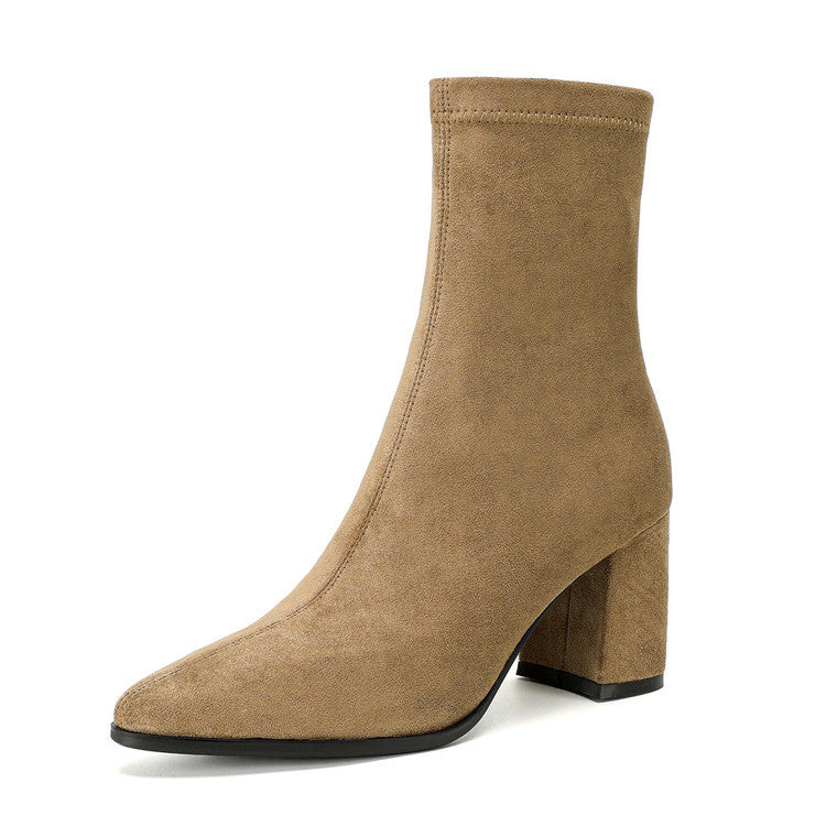 Stretch Suede High Heel Boots - Side Zipper Thick Heel Ankle Boots