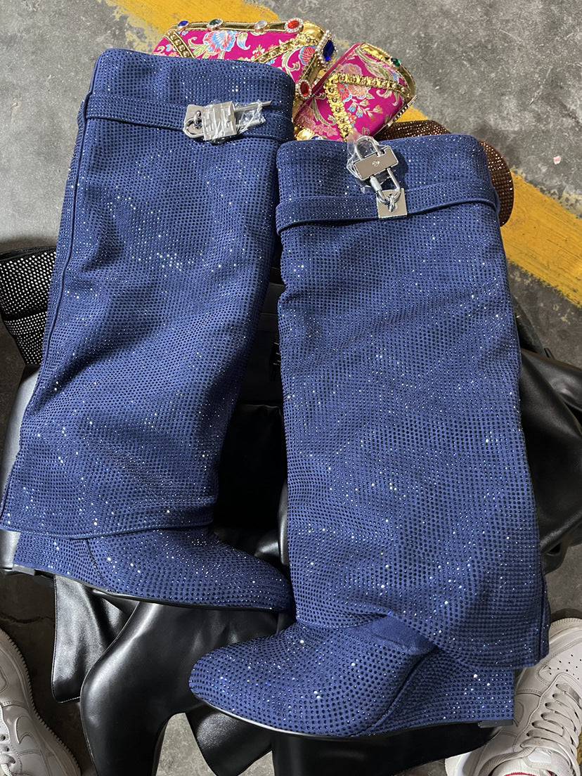 Round Toe Wedge Super High Heel Plus Rhinestone Lock Shark Buckle Knee-high Boots