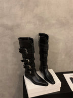 Maillard Brown Pointed-Toe Chunky Heel Boots - Belt Buckle Detail