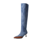 High Heel Shoes Pointed Toe Pleated Boots Big Tube Denim Blue