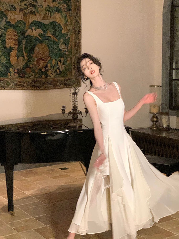 Cascading Ruffle High-Low Midi Dress