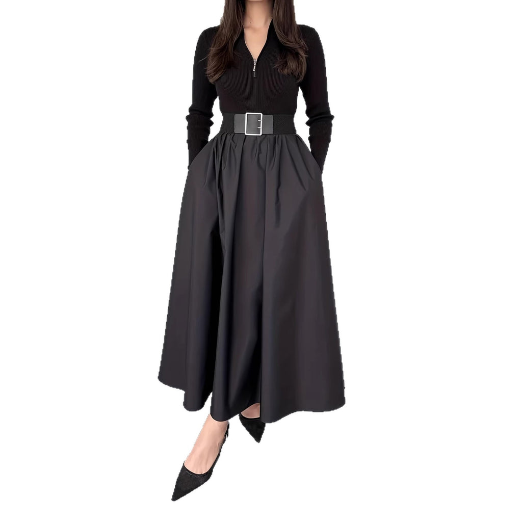 Womens Solid-Color V-Neck French-Style Elegant Long-Sleeve Dress