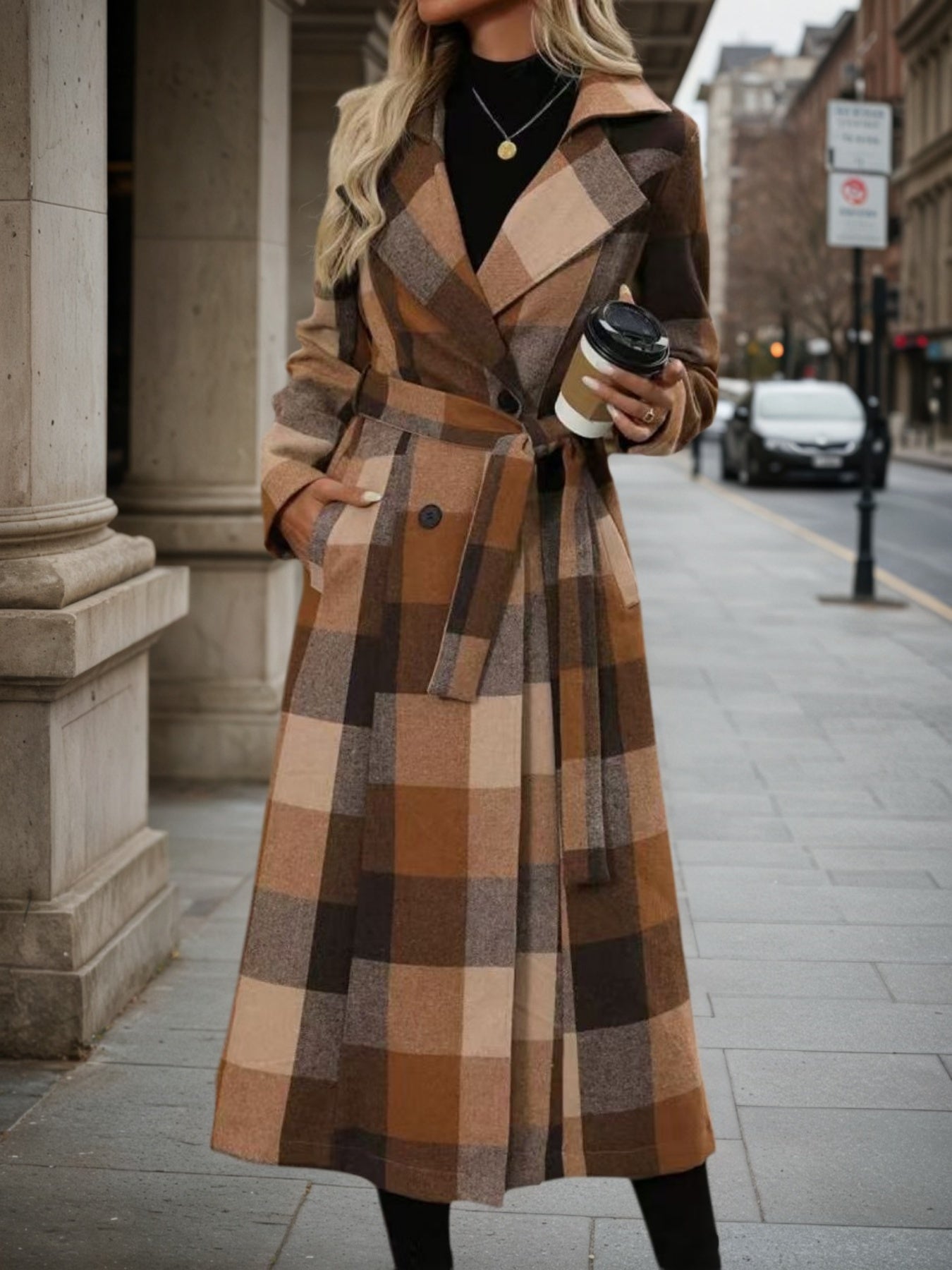 New Style Lapel Woolen Lace-up Double-breasted Extended Coat, Women's Windbreaker