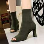 Square Fish Mouth Toe Skinny Middle Tube Knitted Ankle Boots