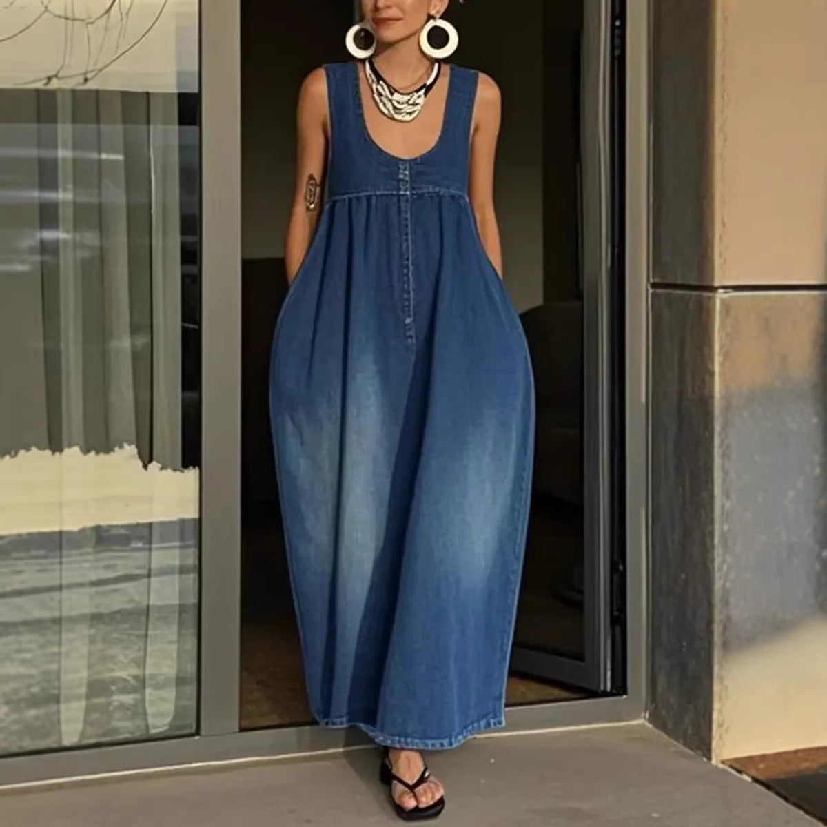 Bucket-style Washed Denim Vest Dress
