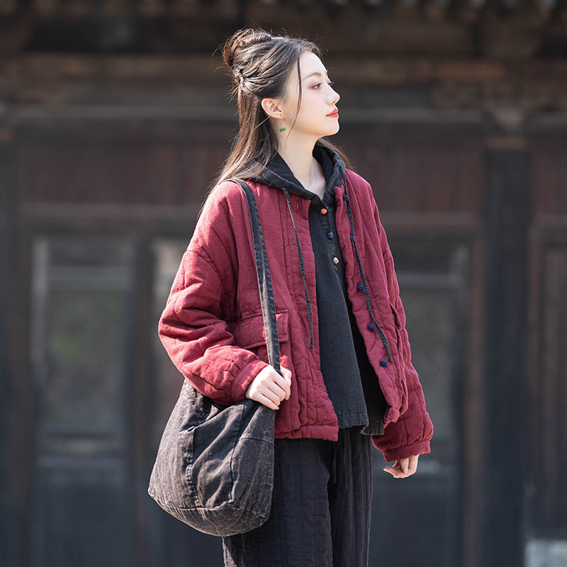 Womens Retro Colorblock Button-Loop Loose Short Cotton Padded Jacket