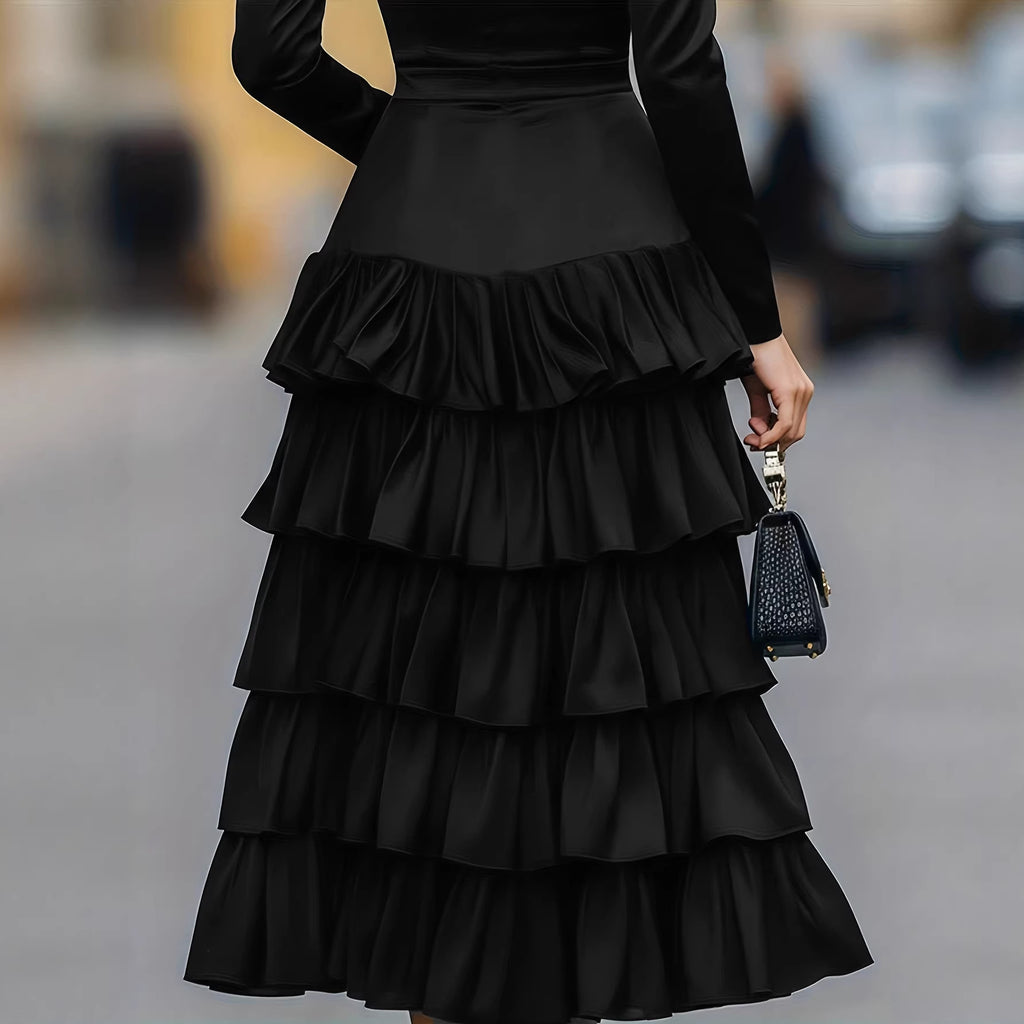Stylish And Elegant Solid-color Casual Black Multi-layered Tiered Skirt