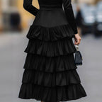 Stylish And Elegant Solid-color Casual Black Multi-layered Tiered Skirt