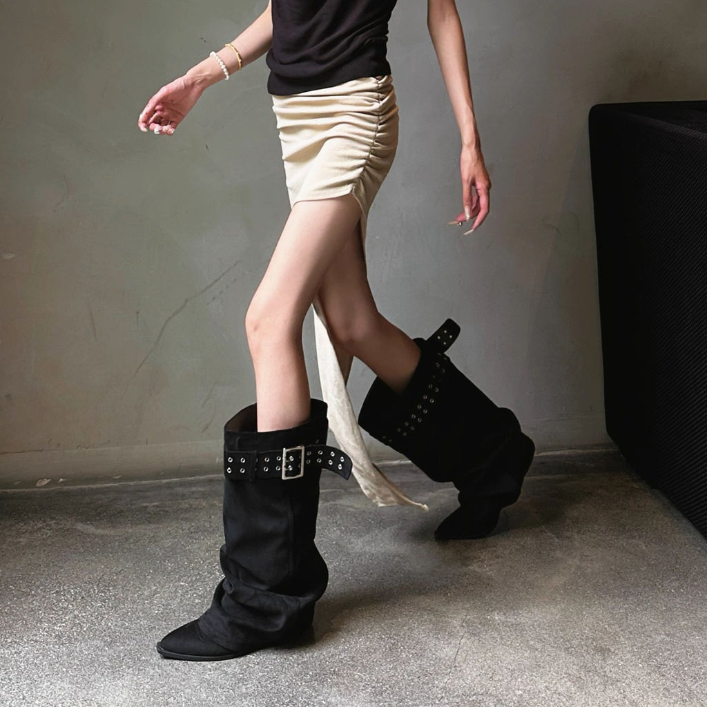 Black Knee-High Pointed-Toe High-Heel Western Boots