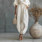 Loose Wide-leg Casual Top With Lantern Pants In Cotton And Linen