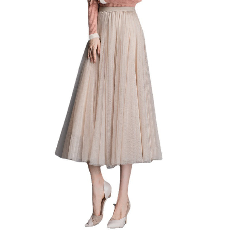 Womens Mid-Waist Pleated Flowy Mesh Lace Skirt