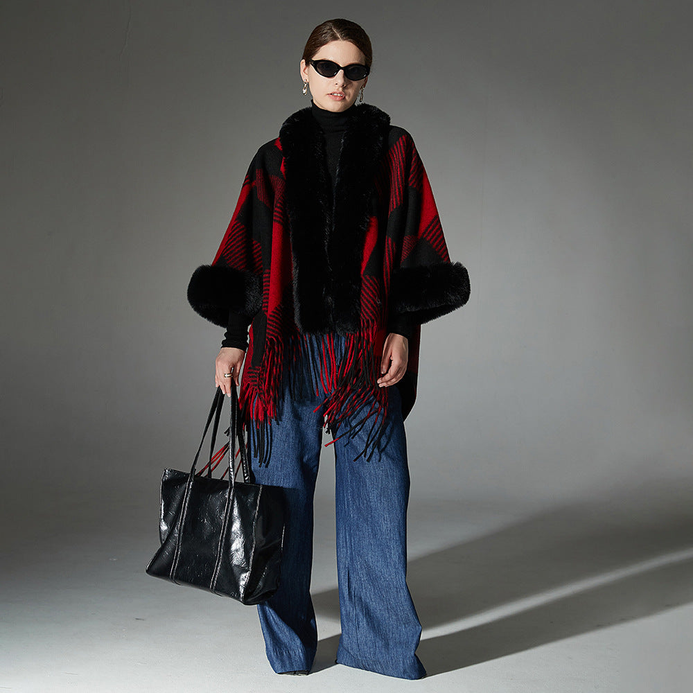 Jacquard Christmas Red Fur Collar Geometric Tassel Shawl