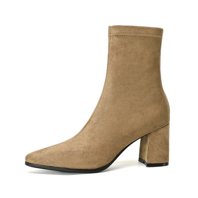 Stretch Suede High Heel Boots - Side Zipper Thick Heel Ankle Boots