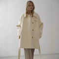 Elegant loose-fitting belted mid-length stand collar coat