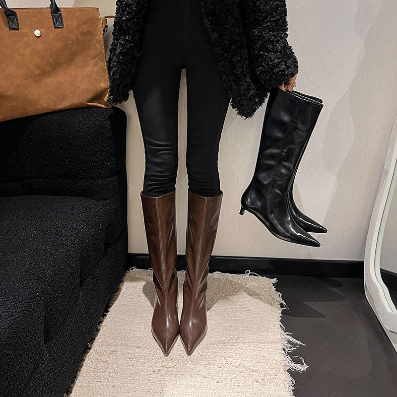 Elastic Commuter Pointed High Heel Brown Knight Boots
