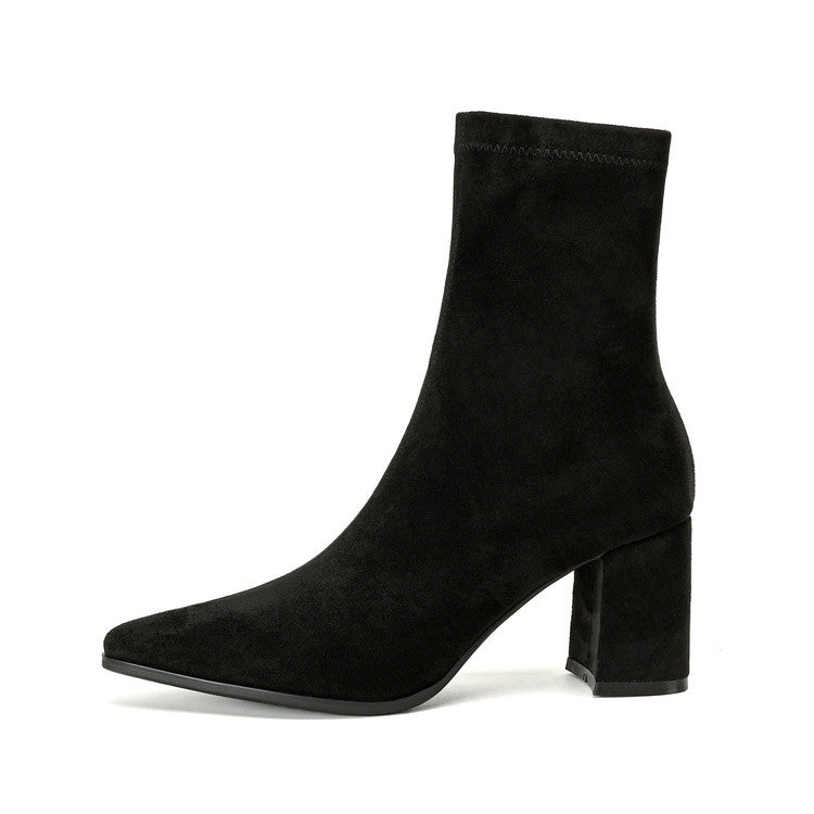 Stretch Suede High Heel Boots - Side Zipper Thick Heel Ankle Boots