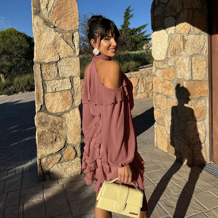 Elegant Chiffon Halterneck Off-shoulder Long-sleeve High-waisted A-line Dress