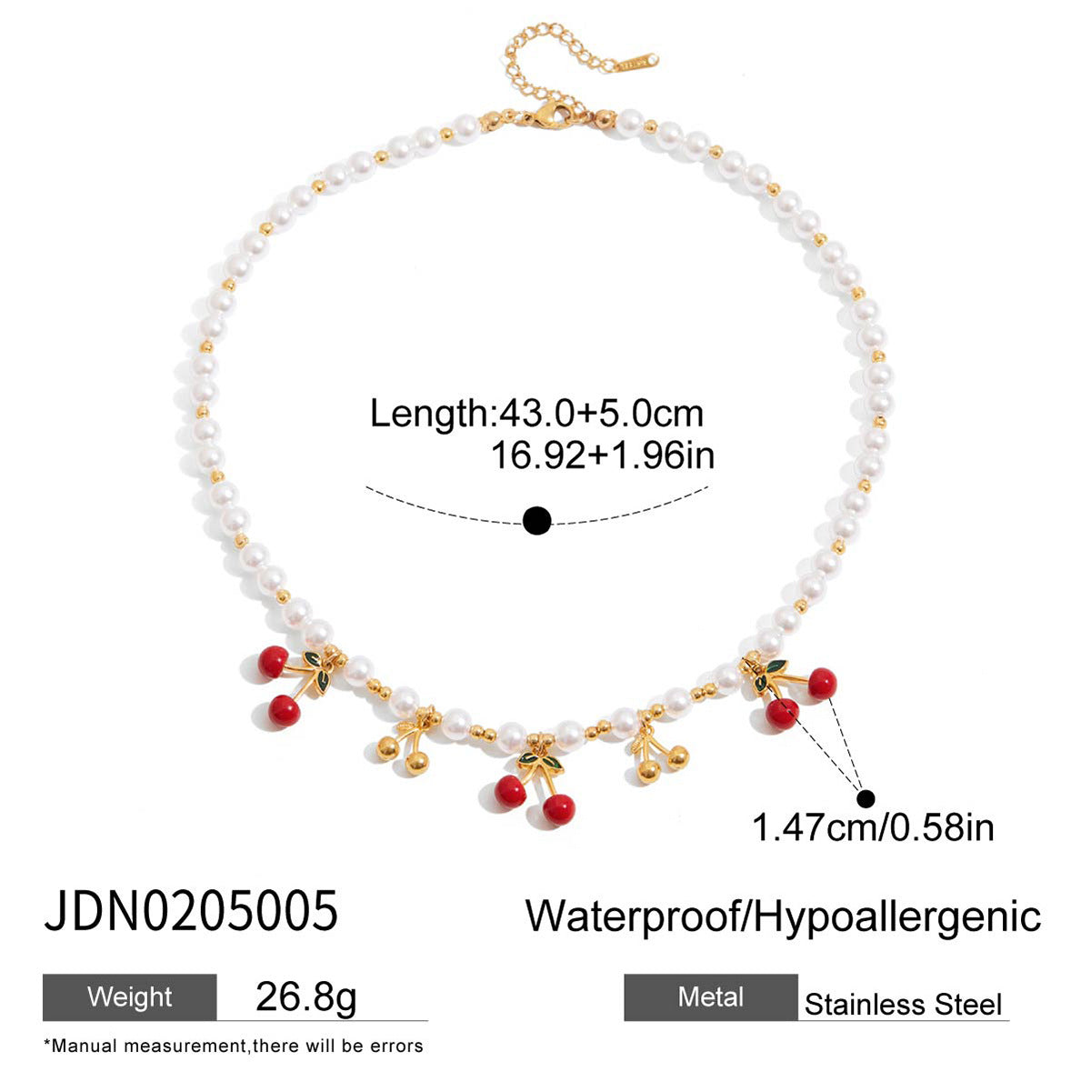 Romantic 18K Gold Stainless Steel Pearl-drip Cherry Pendant Stainless Steel Necklace