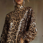 Metallic Brown Sequin High Neck Long Sleeve Tassel Design Cropped Dress With A Leopard Print