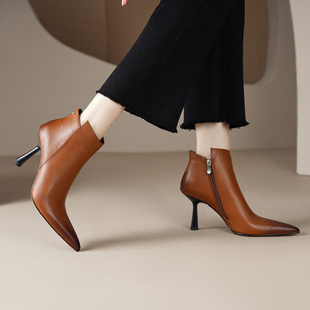 Fashion Boots, Cowhide Ankle Boots, Women's Mid-heel Single-layer Boots