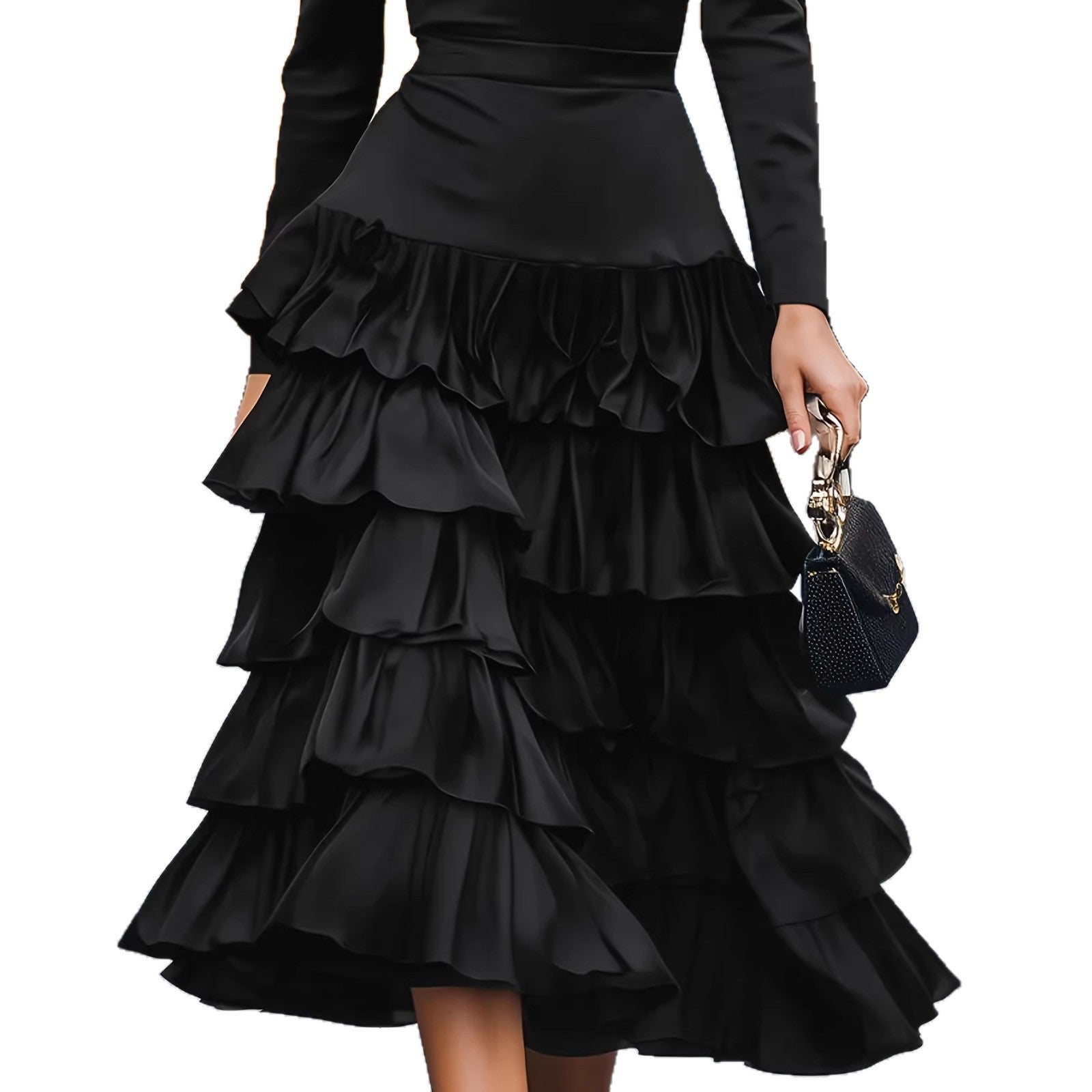 Stylish And Elegant Solid-color Casual Black Multi-layered Tiered Skirt