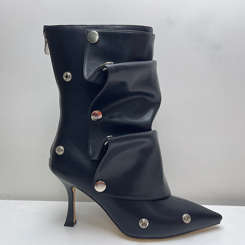 High-heeled Pointed-toe Denim Patchwork Ankle Boots With Metal Studs