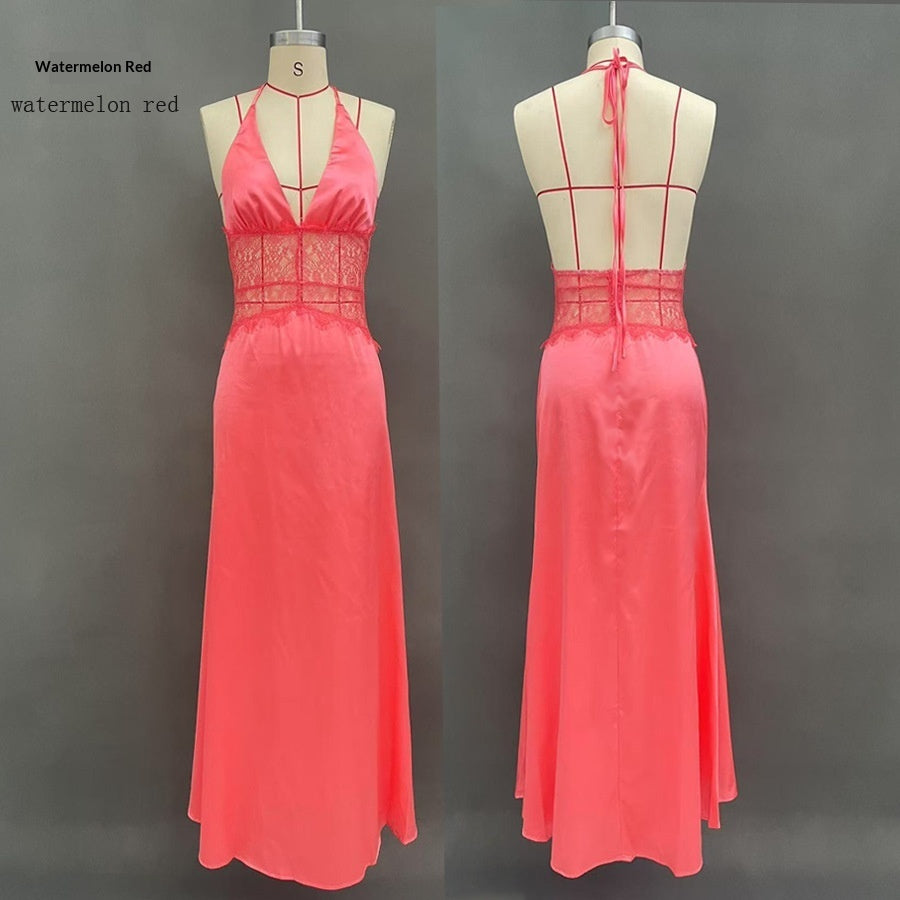 Seamless Halter Deep V-Slit Silk-Smooth Satin Maxi Dress