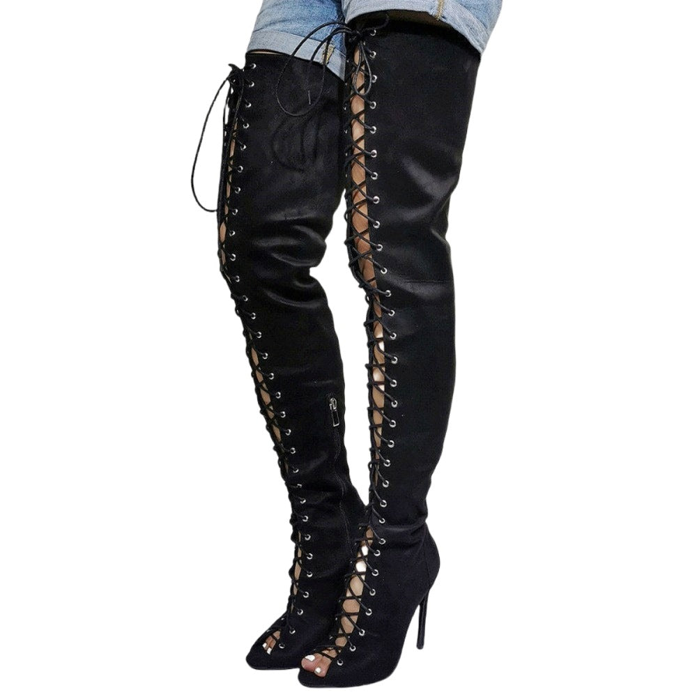 Sexy Peep-Toe Lace-Up Stiletto Boots - European Style Plus Size