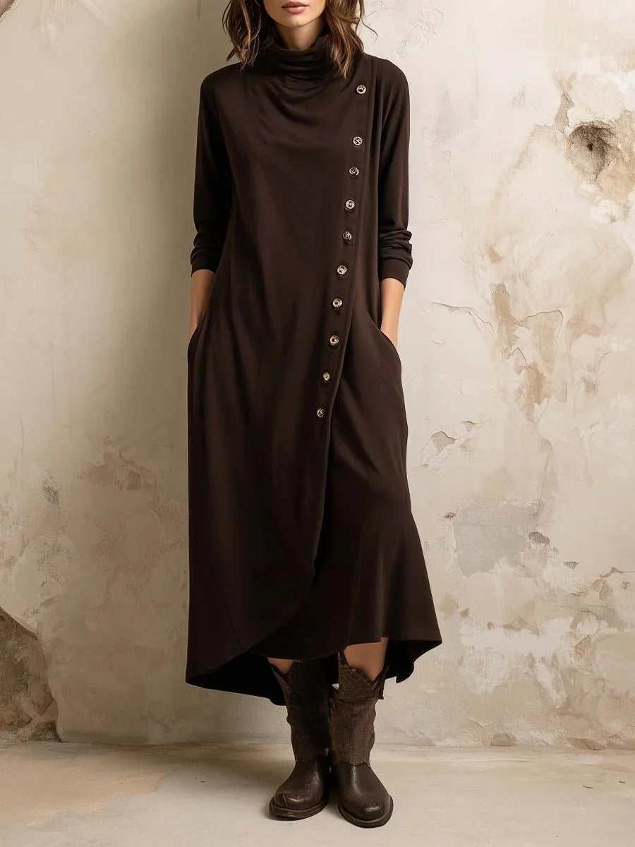 High-neck Pocketed Button-front Long-sleeve Elegant Dress