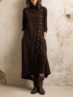 High-neck Pocketed Button-front Long-sleeve Elegant Dress