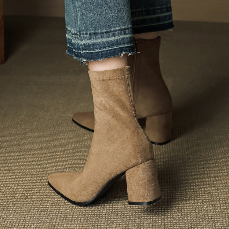 Stretch Suede High Heel Boots - Side Zipper Thick Heel Ankle Boots