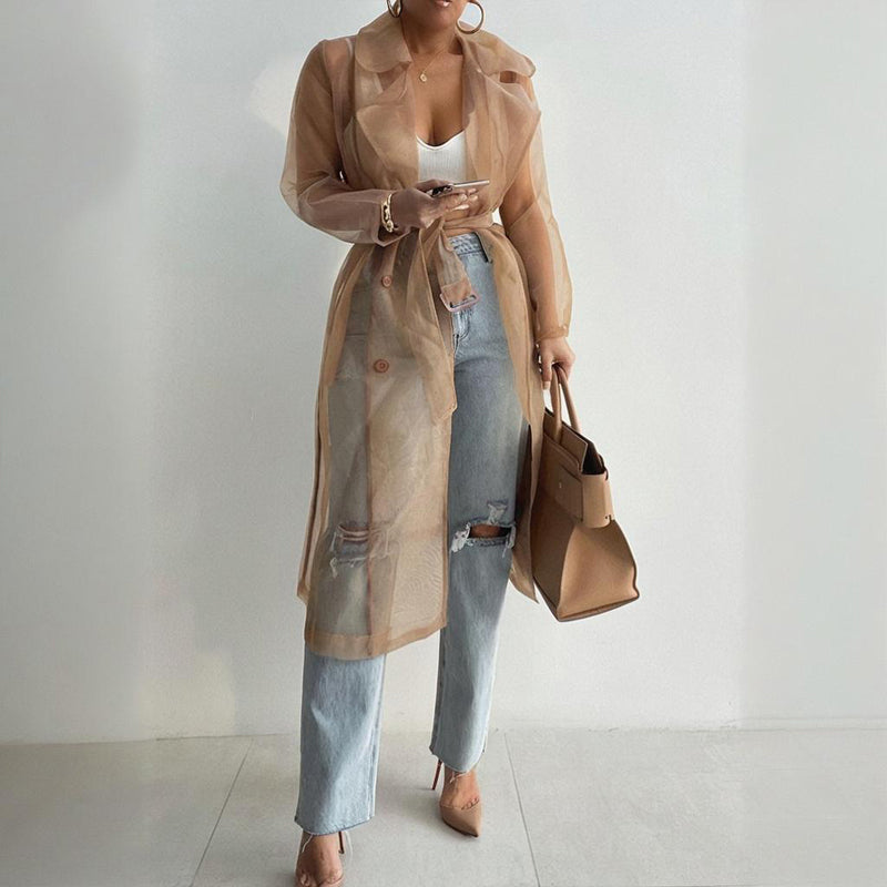 Women's Solid Color Half Sheer Long Sleeve Cardigan With Buttons & Belt - Lightweight Cover-Up For Summer